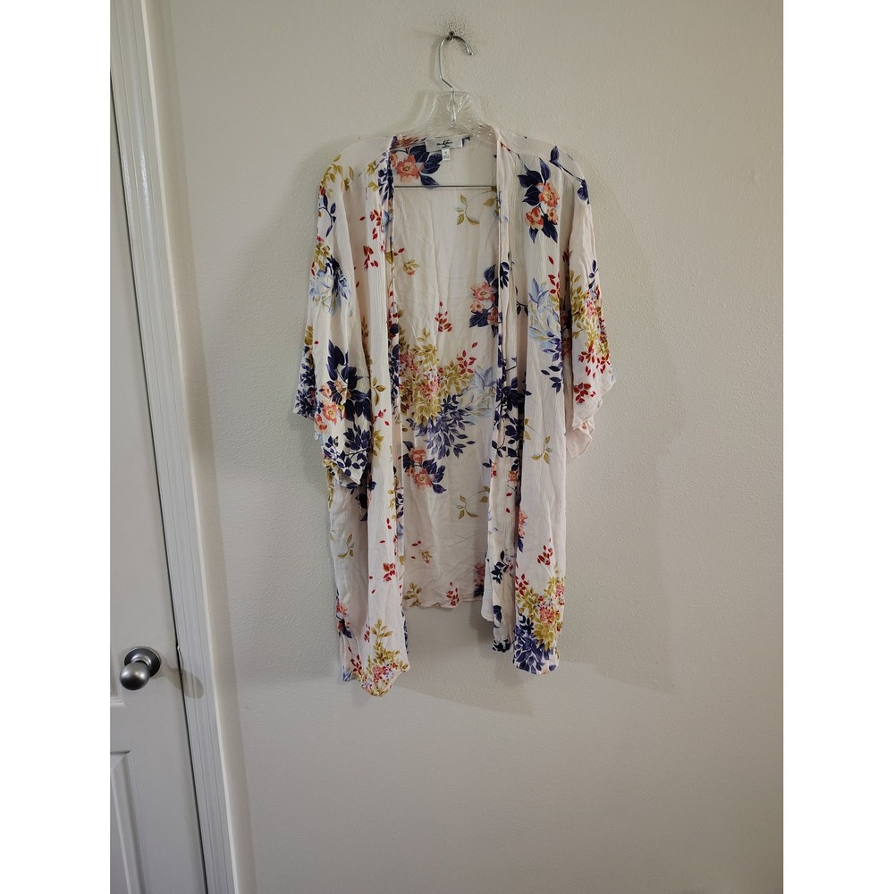 Moa Moa Womens Floral Kimono Wrap Cardigan Cream Blue Orange Plus Size 1X